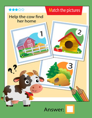 Matching game, education game for children. Puzzle for kids. Match the right object. Help the cow find her home.
