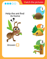 Matching game, education game for children. Puzzle for kids. Match the right object. Help the ant find its home.