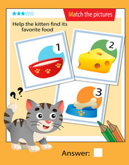 Matching game, education game for children. Puzzle for kids. Match the right object. Help the cat or kitten find his favorite food.