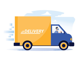 Online delivery service concept, online order tracking, delivery home and office. Warehouse, truck courier in respiratory mask.