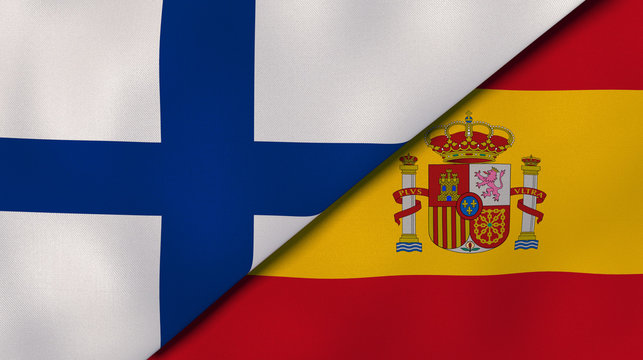The flags of Finland and Spain. News, reportage, business background. 3d illustration
