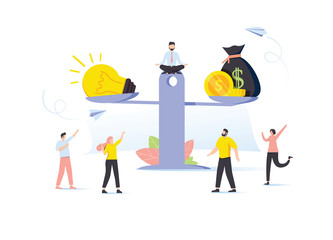 A vector illustration of groups of people who inject money into an idea on a swing and outweighs it, overweight