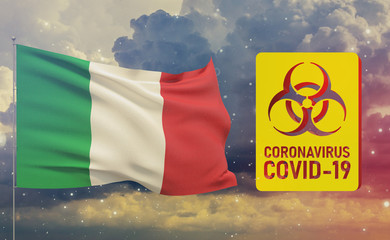 COVID-19 Visual concept - Coronavirus COVID-19 biohazard sign with flag of Italy. Pandemic 3D illustration.