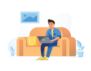 Happy woman sitting on sofa with laptop. Can use for backgrounds, infographics, hero images. Modern style freelance