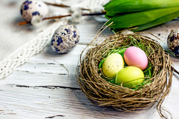 A nest of Easter eggs of different colors on a light wooden table surrounded by twigs of willow and quail eggs. Copy Space Greeting Card Easter Concept, Top view, flat lay