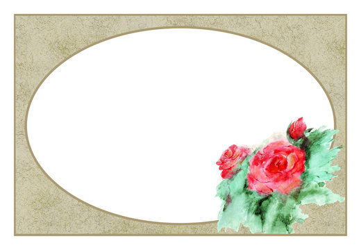 An isolated rectangular frame with watercolor red roses and an internal oval. Golden contour and antique texture on a white background.