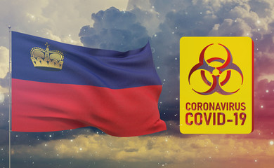COVID-19 Visual concept - Coronavirus COVID-19 biohazard sign with flag of Liechtenstein. Pandemic 3D illustration.