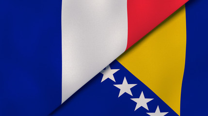 The flags of France and Bosnia and Herzegovina. News, reportage, business background. 3d illustration - obrazy, fototapety, plakaty