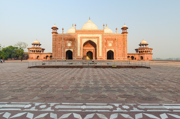 Facade of the western mosque main prayer hall in the Taj Mahal monument, Agra, India