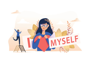 Self esteem vector illustration. Flat tiny personal confidence persons concept. Psychological mindset and life attitude