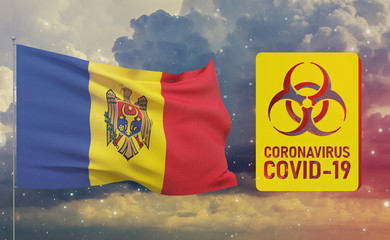COVID-19 Visual concept - Coronavirus COVID-19 biohazard sign with flag of Moldova. Pandemic 3D illustration.