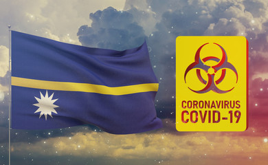 COVID-19 Visual concept - Coronavirus COVID-19 biohazard sign with flag of Nauru. Pandemic 3D illustration.