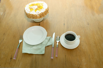 Delicious sweet cake with coffee.