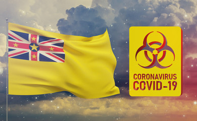 COVID-19 Visual concept - Coronavirus COVID-19 biohazard sign with flag of Niue. Pandemic 3D illustration.