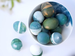 Blue, green, turquoise and white homemade easter eggs colored with a red cabbage natural colour on a white background with blank space decorated with spring flowers in a white bowl closeup.