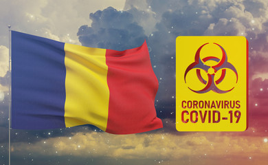 COVID-19 Visual concept - Coronavirus COVID-19 biohazard sign with flag of Romania. Pandemic 3D illustration.