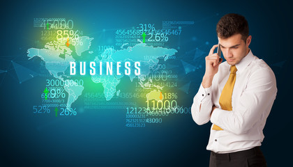 Businessman in front of a decision with BUSINESS inscription, business concept