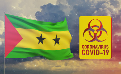 COVID-19 Visual concept - Coronavirus COVID-19 biohazard sign with flag of Sao Tome and Principe. Pandemic 3D illustration.