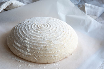 Whole grain bread dough rising on table