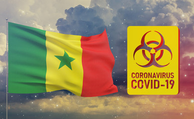 COVID-19 Visual concept - Coronavirus COVID-19 biohazard sign with flag of Senegal. Pandemic 3D illustration.