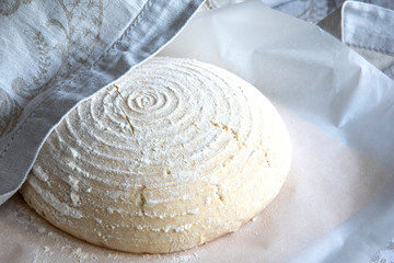 Fototapeta na wymiar Whole grain bread dough rising on table