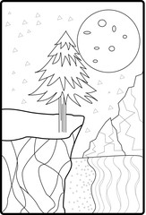 cartoon illustration of a tree and a hill over the moon