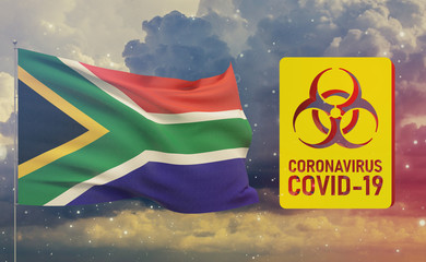 COVID-19 Visual concept - Coronavirus COVID-19 biohazard sign with flag of South Africa. Pandemic 3D illustration.