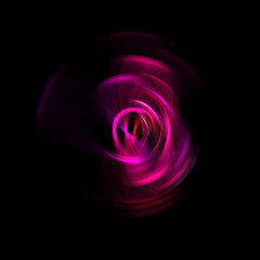 Spinning rays of light isolated on black background. Graphic 2D illustration of glowing colorful light particles in circular motion.