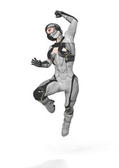 comic woman in a sci fi outfit doing a jump attack