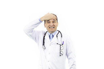 Middle-aged handsome doctor in white coat and stethoscope looking frustrated and shocked covering forehead with hand because of mistake, isolated white background, medicine concept