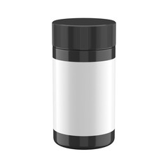 Black medical bottle. Pill container mockup. 3d render isolated on white.