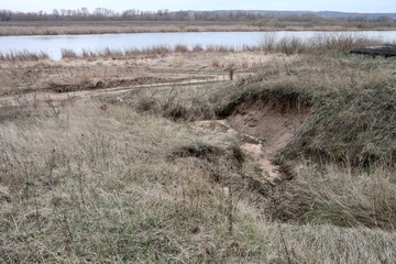 A deep ravine on the banks of a large river is covered with old dry grass. Early spring after snow melts.