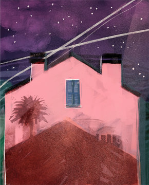 Illustration Lonely Pink House Next To The Milky Way Galaxy. Summer California