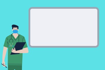 Illustration of male Health care worker showing guidelines to be followed during Corona Virus (Covid-19) flu disease pandemic on cyan background. Empty copy space for writing text. Concept WHO Advice
