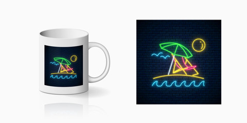 Neon summer sign with umbrella, sun, chaise-longue for cup design. Shiny summertime symbol, design, banner in neon style on mug mockup. Vector illustration. Deck chair on island beach.