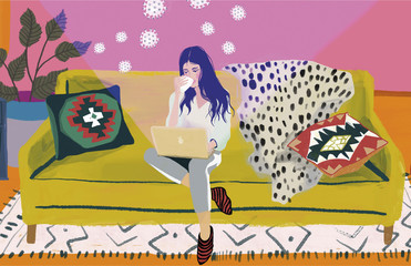 girl with laptop sitting on the sofa Freelance or studying concept.work at home.Coronavirus quarantine isolation.