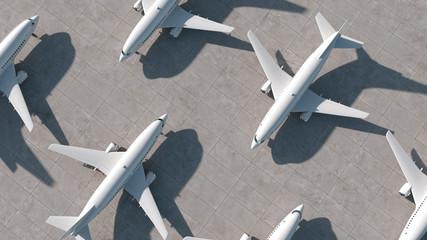 Airplanes stand at the airport. Aerial view. 3D Render