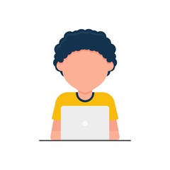 Man at his desk is working on the laptop computer . Freelance job concept. flat Vector illustration.
