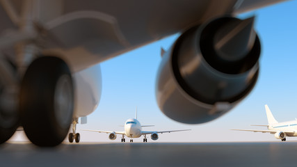 Airplanes at the empty airport. Ground view. 3D Render