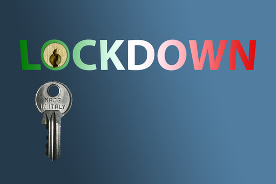 Italian flag colors word lockdown with key and keyhole on blue background