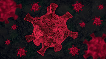 Red covid-19 coronavirus molecules on a black background. A new outbreak of coronavirus infection in the world. Close-up illustration of dangerous viral molecules.