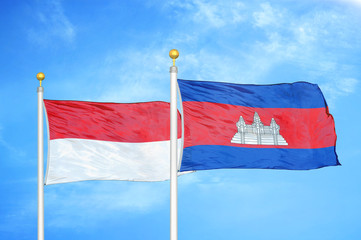 Indonesia and Cambodia two flags on flagpoles and blue cloudy sky