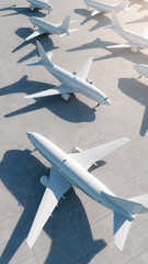 Many airplanes stand at the airport because of world crisis. 3D Render