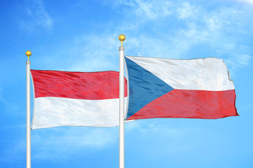 Indonesia and Czech Republic two flags on flagpoles and blue cloudy sky