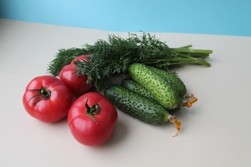 Fresh tomatoes, cucumbers and dill and Romano salad leaves on a white table. Healthy food concept