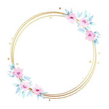 golden round frame with watercolor pink flowers isolated on white background. Floral geometric border for wedding invitations and cards