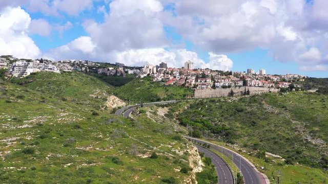 Corona Virus lockdown, Haifa Freud mountain road connecting the city lower west area to Central Carmel, with no traffic due to government guidelines, Aerial view.