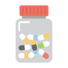 Medicine bottle icon. Pill box symbol. Medication kit sign. Flat icon design for health concept.