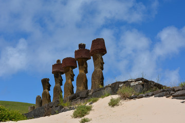 Maoi statues with Pukao, topknots, at Hanga Rau, Rapa Nui, Easter Island