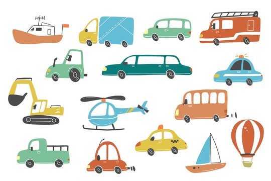 Set of cartoon cute kids and toy style cars and other transport, truck, taxi, police car, fire truck, ship, helicopter, excavator, bus. Isolated vector illustration.